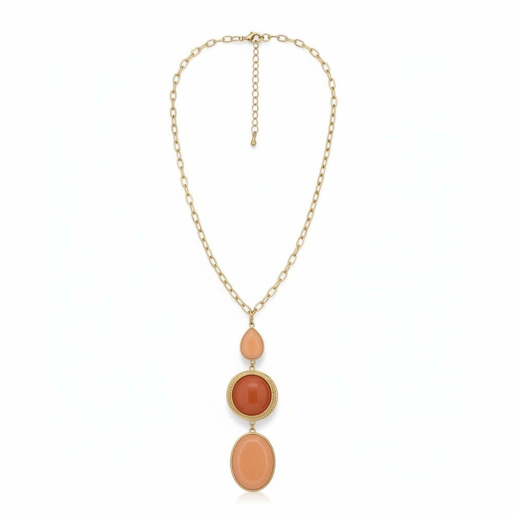 VTG Pendant Necklace Womens 29in Orange Peach Excellent Gold Tone Triple Stone - Picture 3 of 3
